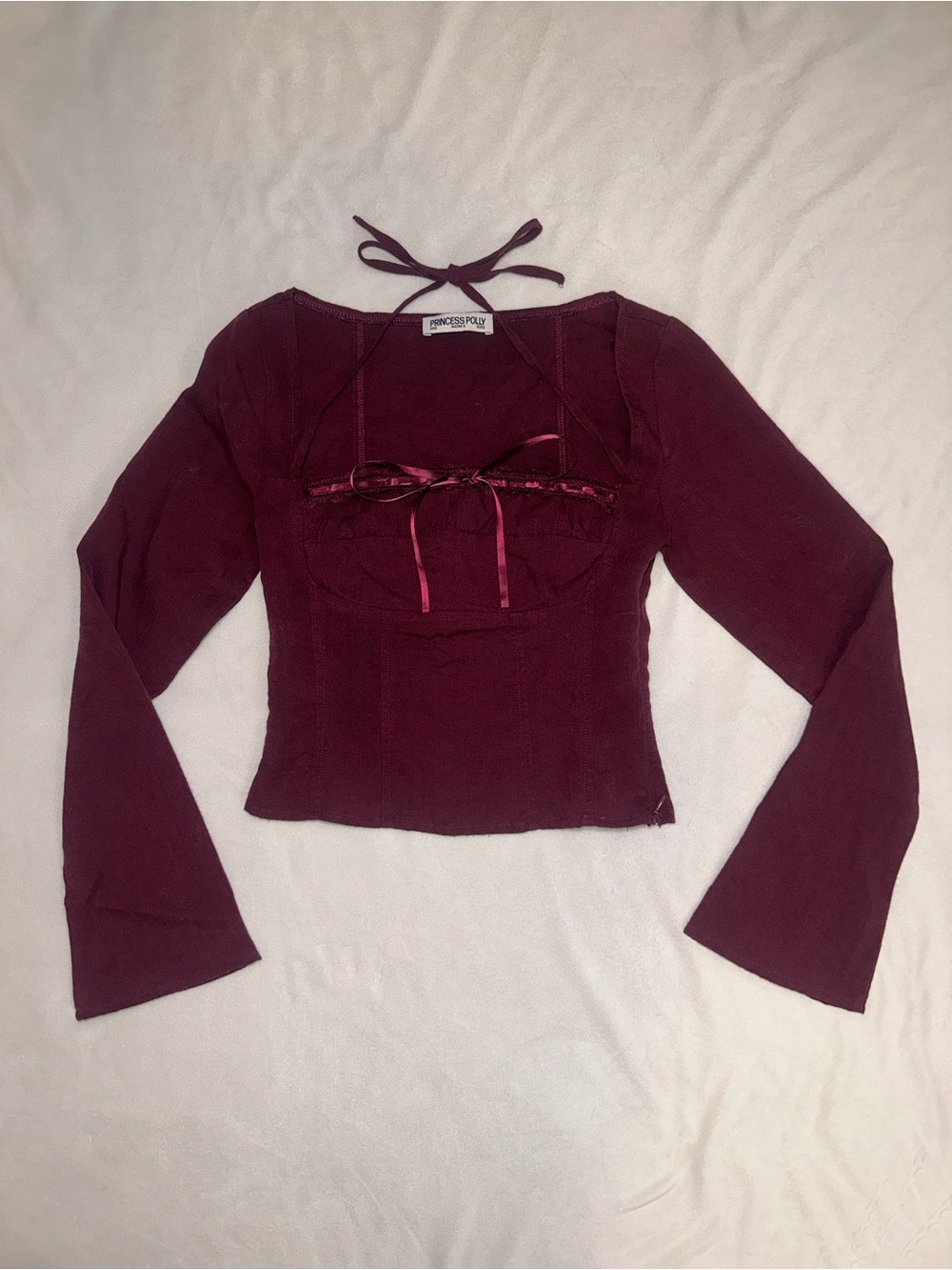 Princess Polly Burgundy Tie-Front Long Sleeve Top Size 0